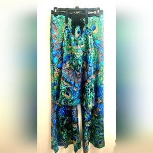Peacock Print Wide-Leg Pants